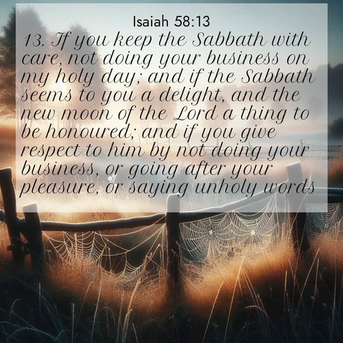 BasicEnglish Isaiah  ; image nature: image with the bible verse :If you keep the Sabbath with care, not doing your business on my holy day; and if the Sabbath seems to you a delight, and the new moon of the Lord a thing to be honoured; and if you give respect to him by not doing your business, or going after your pleasure, or saying unholy words; ; Discover tranquil Bible verse images enhanced with natural scenery like rippling brooks, snow-covered fields, and sunlit beaches. These free images are perfect for wallpapers or spiritual reflection. Share KJV Isaiah 58:13. Current verse is overlayed with the thematic nature scene : Morning frost coats spider webs stretched between fence posts in a country meadow. ; 58:13