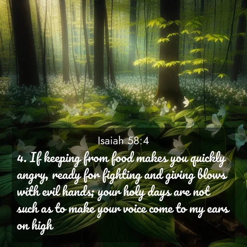 BasicEnglish Isaiah  ; image nature: image with the bible verse :If keeping from food makes you quickly angry, ready for fighting and giving blows with evil hands; your holy days are not such as to make your voice come to my ears on high. ; Explore a unique collection of Bible verses illustrated by winter landscapes, such as snowy mountains, frosty forests, and starry skies. These images capture the peace and beauty of winter. Share verses like KJV Isaiah 58:4. Current verse is overlayed with the thematic nature scene : Wild trillium carpets the forest floor. Sunlight filters green through new spring leaves. ; 58:4