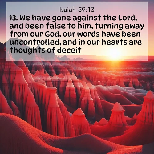 BasicEnglish Isaiah  ; image nature: image with the bible verse :We have gone against the Lord, and been false to him, turning away from our God, our words have been uncontrolled, and in our hearts are thoughts of deceit. ; Discover beautiful Bible verse images enriched with natural landscapes, from serene beaches to cascading waterfalls. All images are free and ready to download. Share verses such as KJV Isaiah 59:13. Current verse is overlayed with the thematic nature scene : Wind-carved hoodoos stand like sentinels in the painted desert. Their red-rock spires catch the last rays of sunset. ; 59:13