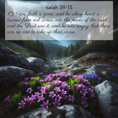 BasicEnglish Isaiah  ; image nature: image with the bible verse :Yes, faith is gone; and he whose heart is turned from evil comes into the power of the cruel: and the Lord saw it, and he was angry that there was no one to take up their cause. ; Admire Bible verse images capturing the beauty of beaches, with turquoise waters, palm trees, and peaceful shores. These soothing scenes reflect God&#039;s serenity and majesty. Download and share verses like KJV Isaiah 59:15. Current verse is overlayed with the thematic nature scene : Alpine gentians bloom in rocky crevices. Summer storms gather above treeline. ; 59:15