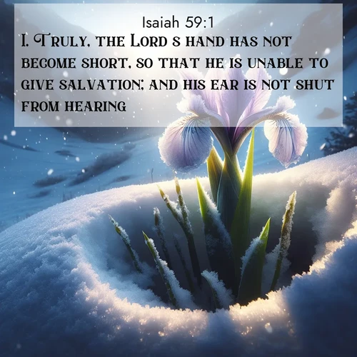 BasicEnglish Isaiah  ; image nature: image with the bible verse :Truly, the Lord&#039;s hand has not become short, so that he is unable to give salvation; and his ear is not shut from hearing: ; Explore an inspiring selection of Bible verse images adorned with nature photos, such as starry skies, verdant hills, and golden beaches. Each image reflects the peace and beauty of God&#039;s creation with vibrant colors and varied fonts. Share uplifting verses like KJV Isaiah 59:1. Current verse is overlayed with the thematic nature scene : Wild iris breaks through spring snow. Alpine light ignites petals. ; 59:1
