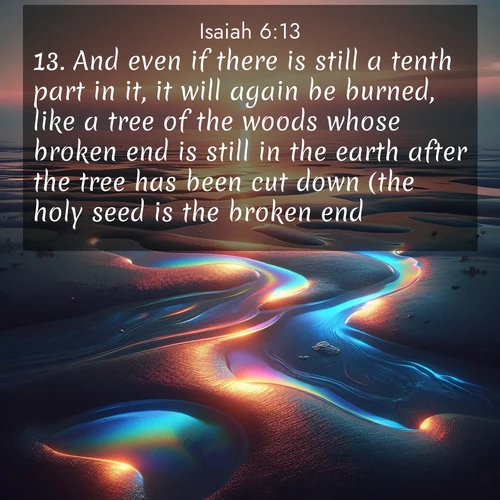 BasicEnglish Isaiah  ; image nature: image with the bible verse :And even if there is still a tenth part in it, it will again be burned, like a tree of the woods whose broken end is still in the earth after the tree has been cut down (the holy seed is the broken end). ; Explore a gallery of beautiful Bible verse images with tranquil natural settings—perfect for phone backgrounds or inspirational posts. Download your favorite verses like KJV Isaiah 6:13 today. Current verse is overlayed with the thematic nature scene : Tidal pools reflect sunset colors at low tide. ; 6:13
