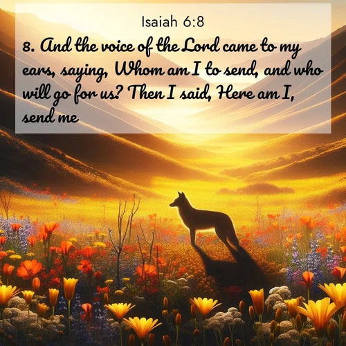BasicEnglish Isaiah  ; image nature: image with the bible verse :And the voice of the Lord came to my ears, saying, Whom am I to send, and who will go for us? Then I said, Here am I, send me. ; Explore a collection of free Bible verse images paired with serene landscapes like golden beaches, verdant forests, and clear blue skies. Each image is ideal for desktop or phone wallpapers. Share verses like KJV Isaiah 6:8. Current verse is overlayed with the thematic nature scene : Spring wildflowers carpet Death Valley in gold. A coyote&#039;s silhouette melts into the blooms. ; 6:8