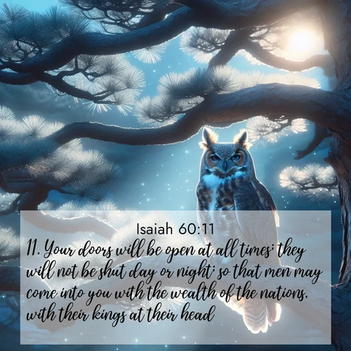BasicEnglish Isaiah  ; image nature: image with the bible verse :Your doors will be open at all times; they will not be shut day or night; so that men may come into you with the wealth of the nations, with their kings at their head. ; Access a vast collection of Bible verse images illustrated with natural landscapes like calm rivers, blooming fields, and bright horizons. These images emphasize the serenity and splendor of God&#039;s creation, accompanied by aesthetic fonts and joyful colors. Download verses like KJV Isaiah 60:11 and share them. Current verse is overlayed with the thematic nature scene : A great horned owl watches from ancient pine branches. Moonlight silvers its silent wings. ; 60:11