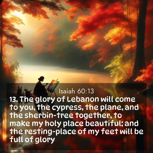 BasicEnglish Isaiah  ; image nature: image with the bible verse :The glory of Lebanon will come to you, the cypress, the plane, and the sherbin-tree together, to make my holy place beautiful; and the resting-place of my feet will be full of glory. ; Explore a gallery of beautiful Bible verse images with tranquil natural settings—perfect for phone backgrounds or inspirational posts. Download your favorite verses like KJV Isaiah 60:13 today. Current verse is overlayed with the thematic nature scene : An artist paints beside still waters. Autumn colors double in reflection. ; 60:13