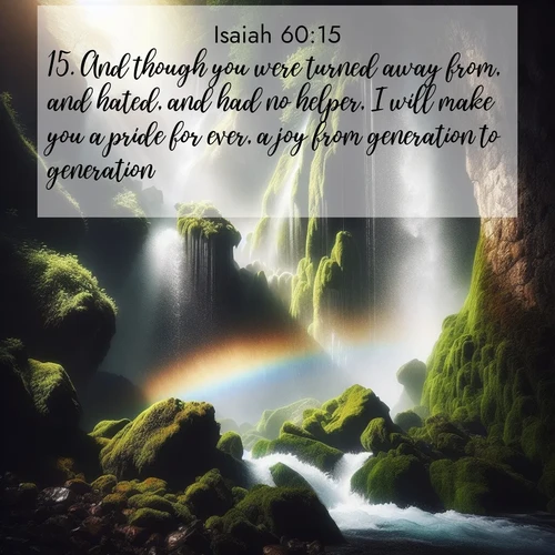 BasicEnglish Isaiah  ; image nature: image with the bible verse :And though you were turned away from, and hated, and had no helper, I will make you a pride for ever, a joy from generation to generation. ; Admire Bible verse images illustrated by desert scenes, such as sunsets over dunes, majestic rocks, and solitary cacti. These images capture the majesty of God in arid places. Download and share verses like KJV Isaiah 60:15. Current verse is overlayed with the thematic nature scene : A waterfall thunders through ancient moss-covered rocks while rainbow mist rises where water meets stone. ; 60:15
