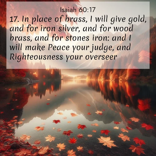 BasicEnglish Isaiah  ; image nature: image with the bible verse :In place of brass, I will give gold, and for iron silver, and for wood brass, and for stones iron: and I will make Peace your judge, and Righteousness your overseer. ; Dive into our collection of Bible verses paired with breathtaking desert landscapes, featuring infinite dunes, shaded oases, and desert sunsets. These images highlight the majestic grandeur of God&#039;s creation. Download and share verses like KJV Isaiah 60:17. Current verse is overlayed with the thematic nature scene : Autumn leaves scatter across mirror-like mountain lakes. ; 60:17