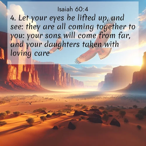 BasicEnglish Isaiah  ; image nature: image with the bible verse :Let your eyes be lifted up, and see: they are all coming together to you: your sons will come from far, and your daughters taken with loving care. ; Discover inspiring Bible verse images featuring natural wonders like lush forests, sunny horizons, and cascading waterfalls. Perfect for wallpapers or spiritual encouragement. Download verses like KJV Isaiah 60:4. Current verse is overlayed with the thematic nature scene : Desert hawks soar thermal currents. Red cliffs catch golden light. ; 60:4