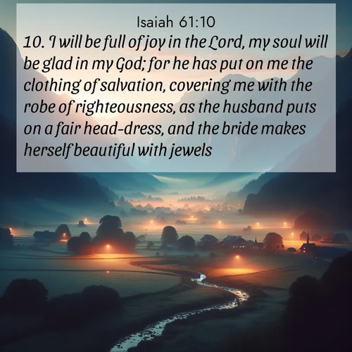 BasicEnglish Isaiah  ; image nature: image with the bible verse :I will be full of joy in the Lord, my soul will be glad in my God; for he has put on me the clothing of salvation, covering me with the robe of righteousness, as the husband puts on a fair head-dress, and the bride makes herself beautiful with jewels. ; Admire our free collection of Bible verse images with beautiful landscapes like sunlit forests, rippling waters, and radiant dawns. Each verse, such as KJV Isaiah 61:10, is ready to download and share. Current verse is overlayed with the thematic nature scene : Morning mist rises from valley streams. Birdsong heralds the dawn chorus. ; 61:10