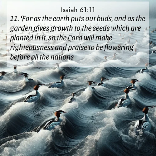 BasicEnglish Isaiah  ; image nature: image with the bible verse :For as the earth puts out buds, and as the garden gives growth to the seeds which are planted in it, so the Lord will make righteousness and praise to be flowering before all the nations. ; Discover our curated gallery of Bible verse images with breathtaking scenery, from tranquil deserts to lush green pastures. Perfect for phone wallpapers or sharing online. Download verses like KJV Isaiah 61:11. Current verse is overlayed with the thematic nature scene : Wild mergansers ride river rapids. Their wakes create endless patterns. ; 61:11