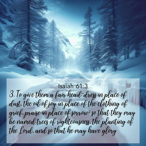 BasicEnglish Isaiah  ; image nature: image with the bible verse :To give them a fair head-dress in place of dust, the oil of joy in place of the clothing of grief, praise in place of sorrow; so that they may be named trees of righteousness, the planting of the Lord, and so that he may have glory. ; Explore a gallery of beautiful Bible verse images with tranquil natural settings—perfect for phone backgrounds or inspirational posts. Download your favorite verses like KJV Isaiah 61:3 today. Current verse is overlayed with the thematic nature scene : A mountain stream disappears beneath winter ice. Its song continues in hidden chambers. ; 61:3
