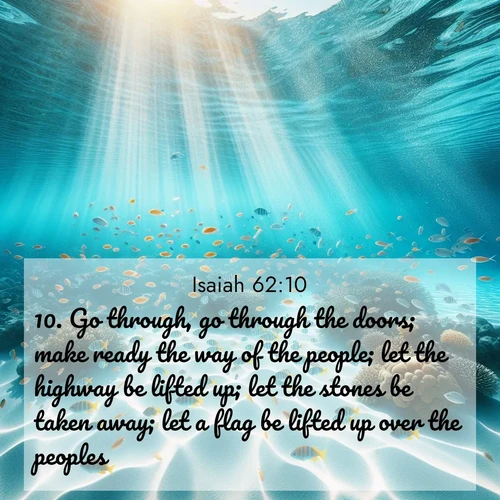 BBE Isaiah 62:10 overlaying nature image scene: Reef fish swirl in perfect formation through crystal waters. Sunlight creates shifting patterns on white sand below.;10. Go through, go through the doors; make ready the way of the people; let the highway be lifted up; let the stones be taken away; let a flag be lifted up over the peoples.