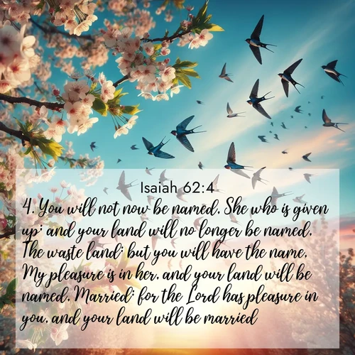 BasicEnglish Isaiah  ; image nature: image with the bible verse :You will not now be named, She who is given up; and your land will no longer be named, The waste land: but you will have the name, My pleasure is in her, and your land will be named, Married: for the Lord has pleasure in you, and your land will be married. ; Explore a stunning collection of Bible verse images featuring picturesque scenery like sun-drenched meadows, tranquil lakes, and majestic forests. All images are free to download and share. Verses include KJV Isaiah 62:4. Current verse is overlayed with the thematic nature scene : Spring migration fills the sky with countless swallows. ; 62:4