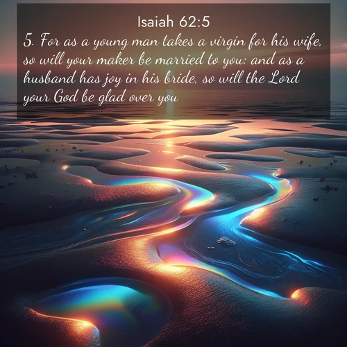 BasicEnglish Isaiah  ; image nature: image with the bible verse :For as a young man takes a virgin for his wife, so will your maker be married to you: and as a husband has joy in his bride, so will the Lord your God be glad over you. ; Discover Bible verses beautifully integrated with natural scenes of varied seasons, featuring summer skies, winter snow, autumn leaves, and spring blooms. Each image captures the splendor and peace of God&#039;s creation. Share verses like KJV Isaiah 62:5. Current verse is overlayed with the thematic nature scene : Tidal pools reflect sunset colors at low tide. ; 62:5