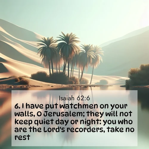 BasicEnglish Isaiah  ; image nature: image with the bible verse :I have put watchmen on your walls, O Jerusalem; they will not keep quiet day or night: you who are the Lord&#039;s recorders, take no rest, ; Access a vast collection of Bible verse images illustrated with natural landscapes like calm rivers, blooming fields, and bright horizons. These images emphasize the serenity and splendor of God&#039;s creation, accompanied by aesthetic fonts and joyful colors. Download verses like KJV Isaiah 62:6 and share them. Current verse is overlayed with the thematic nature scene : A desert oasis shimmers in the midday heat, palm fronds rustling above still waters. ; 62:6