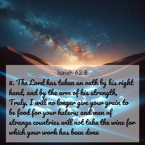 BasicEnglish Isaiah  ; image nature: image with the bible verse :The Lord has taken an oath by his right hand, and by the arm of his strength, Truly, I will no longer give your grain to be food for your haters; and men of strange countries will not take the wine for which your work has been done: ; Explore a unique collection of Bible verses illustrated by winter landscapes, such as snowy mountains, frosty forests, and starry skies. These images capture the peace and beauty of winter. Share verses like KJV Isaiah 62:8. Current verse is overlayed with the thematic nature scene : Desert scorpions glow under black light. Stars wheel in infinite darkness. ; 62:8