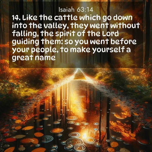BBE Isaiah 63:14 overlaying nature image scene: Autumn colors reflect in rain puddles on a forest path.;14. Like the cattle which go down into the valley, they went without falling, the spirit of the Lord guiding them: so you went before your people, to make yourself a great name.