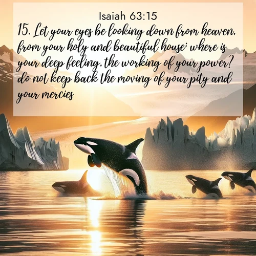 BBE Isaiah 63:15 overlaying nature image scene: Wild orcas breach in sunset-painted waters. Their splashes echo off glacier walls.;15. Let your eyes be looking down from heaven, from your holy and beautiful house: where is your deep feeling, the working of your power? do not keep back the moving of your pity and your mercies: