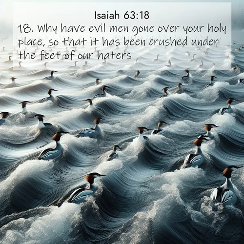 BBE Isaiah 63:18 overlaying nature image scene: Wild mergansers ride river rapids. Their wakes create endless patterns.;18. Why have evil men gone over your holy place, so that it has been crushed under the feet of our haters?