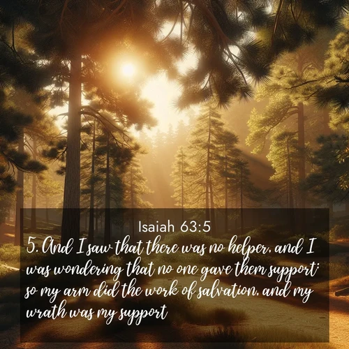 BBE Isaiah 63:5 overlaying nature image scene: Summer heat brings out the scent of pine needles.;5. And I saw that there was no helper, and I was wondering that no one gave them support: so my arm did the work of salvation, and my wrath was my support.