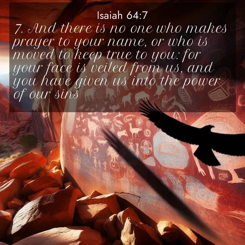 BasicEnglish Isaiah  ; image nature: image with the bible verse :And there is no one who makes prayer to your name, or who is moved to keep true to you: for your face is veiled from us, and you have given us into the power of our sins. ; Discover a gallery of Bible verse images showcasing the beauty of autumn, with golden leaves, red forests, and peaceful fields bathed in soft light. These soothing scenes are perfect for accompanying inspiring verses like KJV Isaiah 64:7. Current verse is overlayed with the thematic nature scene : Ancient petroglyphs weather on red canyon walls. A circling hawk&#039;s shadow passes over the timeless art. ; 64:7