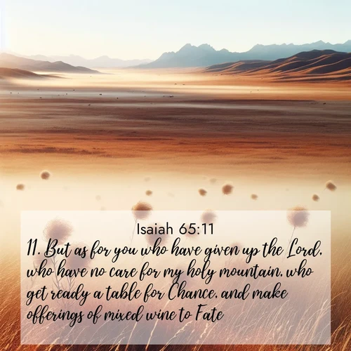 BasicEnglish Isaiah  ; image nature: image with the bible verse :But as for you who have given up the Lord, who have no care for my holy mountain, who get ready a table for Chance, and make offerings of mixed wine to Fate; ; Discover Bible images capturing the splendor of deserts, with golden dunes, vast skies, and peaceful oases. These landscapes highlight the grandeur and serenity of God&#039;s creation. Share verses like KJV Isaiah 65:11. Current verse is overlayed with the thematic nature scene : Autumn wind sends tumbleweeds dancing across the prairie. ; 65:11