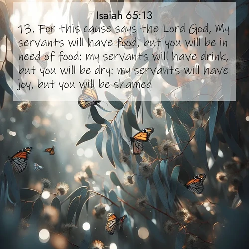 BasicEnglish Isaiah  ; image nature: image with the bible verse :For this cause says the Lord God, My servants will have food, but you will be in need of food: my servants will have drink, but you will be dry: my servants will have joy, but you will be shamed: ; Dive into our collection of Bible verses paired with breathtaking desert landscapes, featuring infinite dunes, shaded oases, and desert sunsets. These images highlight the majestic grandeur of God&#039;s creation. Download and share verses like KJV Isaiah 65:13. Current verse is overlayed with the thematic nature scene : Monarch butterflies cluster on eucalyptus branches in winter sun. ; 65:13