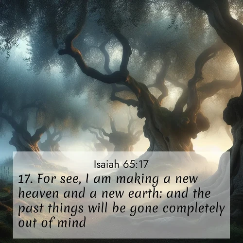 BasicEnglish Isaiah  ; image nature: image with the bible verse :For see, I am making a new heaven and a new earth: and the past things will be gone completely out of mind. ; Explore a rich collection of Bible verse images beautifully illustrated by natural landscapes, such as colorful skies, towering mountains, and tranquil rivers. The images highlight the serenity of God&#039;s creation with vivid tones and carefully chosen typography. Download and share inspiring verses like KJV Isaiah 65:17. Current verse is overlayed with the thematic nature scene : Mist rolls through an ancient olive grove at dawn. Each gnarled trunk tells stories of centuries past. ; 65:17