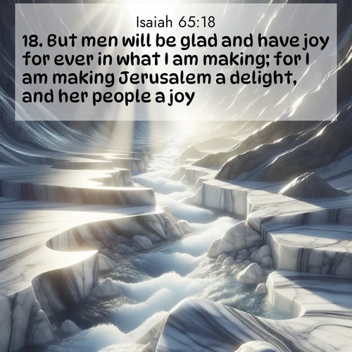 BasicEnglish Isaiah  ; image nature: image with the bible verse :But men will be glad and have joy for ever in what I am making; for I am making Jerusalem a delight, and her people a joy. ; Explore winter-themed Bible verse images illustrated by snowy mountains, frost-covered branches, and clear skies. These landscapes reflect divine purity and peace. Download verses like KJV Isaiah 65:18. Current verse is overlayed with the thematic nature scene : Mountain streams carve marble smooth. Sunlight dances on clear pools. ; 65:18