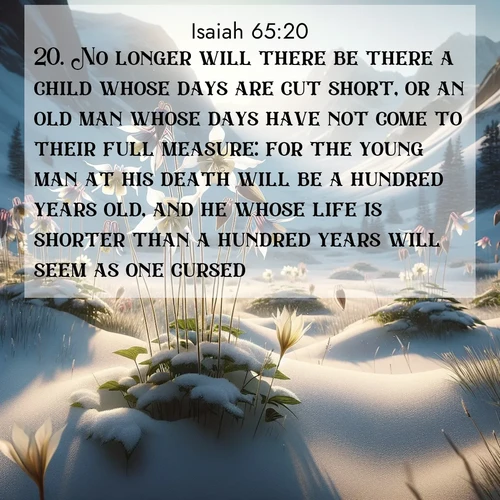 BasicEnglish Isaiah  ; image nature: image with the bible verse :No longer will there be there a child whose days are cut short, or an old man whose days have not come to their full measure: for the young man at his death will be a hundred years old, and he whose life is shorter than a hundred years will seem as one cursed. ; Discover tranquil Bible verse images enhanced with natural scenery like rippling brooks, snow-covered fields, and sunlit beaches. These free images are perfect for wallpapers or spiritual reflection. Share KJV Isaiah 65:20. Current verse is overlayed with the thematic nature scene : Wild columbines nod in alpine breeze. Glacier lilies dot snowy meadows. ; 65:20