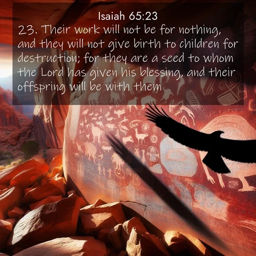 BasicEnglish Isaiah  ; image nature: image with the bible verse :Their work will not be for nothing, and they will not give birth to children for destruction; for they are a seed to whom the Lord has given his blessing, and their offspring will be with them. ; Admire Bible images representing autumn, with swirling leaves, misty skies, and vibrant trees. These images inspire profound spiritual reflection. Download and share verses like KJV Isaiah 65:23. Current verse is overlayed with the thematic nature scene : Ancient petroglyphs weather on red canyon walls. A circling hawk&#039;s shadow passes over the timeless art. ; 65:23