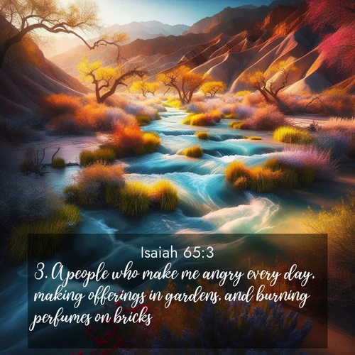 BasicEnglish Isaiah  ; image nature: image with the bible verse :A people who make me angry every day, making offerings in gardens, and burning perfumes on bricks. ; Explore a spring collection of Bible images, with landscapes of green hills, wildflowers, and crystal-clear streams. These images symbolize the blossoming of God&#039;s creation. Download verses like KJV Isaiah 65:3. Current verse is overlayed with the thematic nature scene : Spring floods transform desert arroyos into rushing streams. ; 65:3
