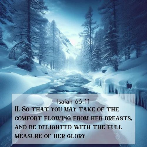 BasicEnglish Isaiah  ; image nature: image with the bible verse :So that you may take of the comfort flowing from her breasts, and be delighted with the full measure of her glory. ; Discover our unique collection of Bible verse images integrated with photos showcasing the majesty of nature, such as rocky mountains, ancient trees, and crystal-clear lakes. These images feature luminous colors and text in varied fonts, reflecting the harmony of God&#039;s creation. Download verses like KJV Isaiah 66:11. Current verse is overlayed with the thematic nature scene : A mountain stream disappears beneath winter ice. Its song continues in hidden chambers. ; 66:11