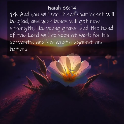 BasicEnglish Isaiah  ; image nature: image with the bible verse :And you will see it and your heart will be glad, and your bones will get new strength, like young grass: and the hand of the Lord will be seen at work for his servants, and his wrath against his haters. ; Browse beautiful Bible verse images accompanied by peaceful scenes like calm seas, ancient forests, and radiant horizons. Download high-quality, free images featuring verses such as KJV Isaiah 66:14. Current verse is overlayed with the thematic nature scene : Desert evening primrose opens to the setting sun. Stars emerge in the deepening purple sky. ; 66:14