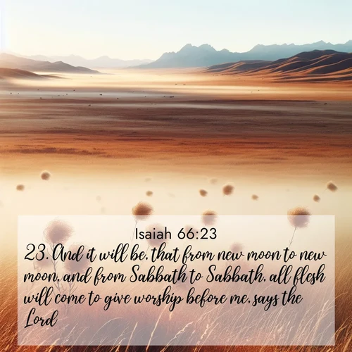 BasicEnglish Isaiah  ; image nature: image with the bible verse :And it will be, that from new moon to new moon, and from Sabbath to Sabbath, all flesh will come to give worship before me, says the Lord. ; Discover Bible verse images capturing the warmth of summer, with beach landscapes, sunlit fields, and clear skies. These bright scenes reflect divine joy. Share verses like KJV Isaiah 66:23. Current verse is overlayed with the thematic nature scene : Autumn wind sends tumbleweeds dancing across the prairie. ; 66:23