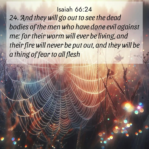 BasicEnglish Isaiah  ; image nature: image with the bible verse :And they will go out to see the dead bodies of the men who have done evil against me: for their worm will ever be living, and their fire will never be put out, and they will be a thing of fear to all flesh. ; Dive into our collection of Bible verses paired with coastal scenes, featuring calming waves, infinite beaches, and reflections of the sun on the water. These images evoke the peace and beauty of God. Share verses like KJV Isaiah 66:24. Current verse is overlayed with the thematic nature scene : Morning fog reveals spider web galaxies. Dew drops catch rainbow light. ; 66:24