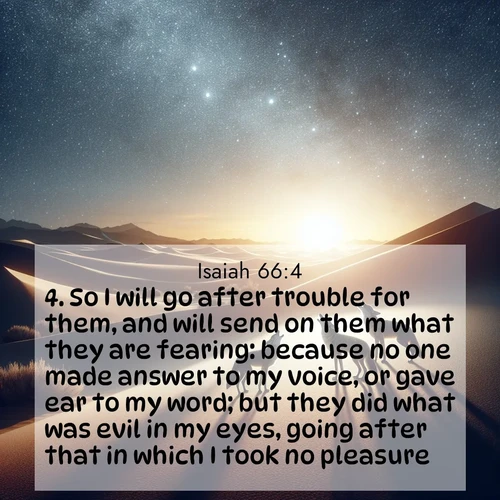 BasicEnglish Isaiah  ; image nature: image with the bible verse :So I will go after trouble for them, and will send on them what they are fearing: because no one made answer to my voice, or gave ear to my word; but they did what was evil in my eyes, going after that in which I took no pleasure. ; Discover Bible images adorned with spring landscapes, like tulip fields, cherry blossoms, and green hills. These bright scenes symbolize God&#039;s renewal and grace. Download verses like KJV Isaiah 66:4. Current verse is overlayed with the thematic nature scene : Desert coyotes sing to stars. Their voices echo through time. ; 66:4