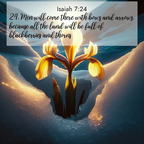 BasicEnglish Isaiah  ; image nature: image with the bible verse :Men will come there with bows and arrows, because all the land will be full of blackberries and thorns. ; Download Bible verse images paired with breathtaking nature photos like golden deserts, shimmering seas, and blossoming orchards. These high-quality, free images are perfect for wallpapers or sharing. Verses include KJV Isaiah 7:24. Current verse is overlayed with the thematic nature scene : Wild iris breaks through melting snow. Alpine light ignites its petals. ; 7:24