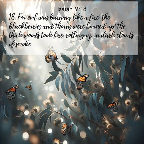 BasicEnglish Isaiah  ; image nature: image with the bible verse :For evil was burning like a fire; the blackberries and thorns were burned up; the thick woods took fire, rolling up in dark clouds of smoke. ; Explore Bible verses combined with serene beach photos, desert dunes, and infinite skies, highlighting God&#039;s majesty in every landscape. Download and share inspiring verses like KJV Isaiah 9:18. Current verse is overlayed with the thematic nature scene : Monarch butterflies cluster on eucalyptus branches in winter sun. ; 9:18