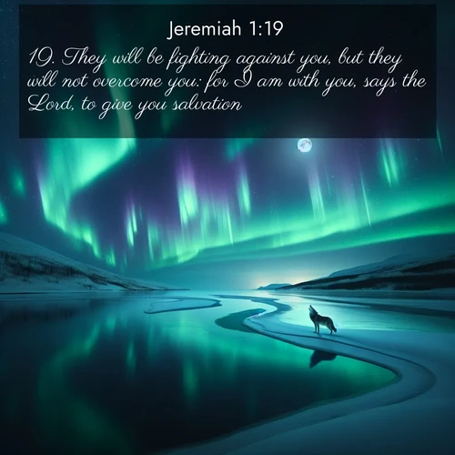 BasicEnglish Jeremiah  ; image nature: image with the bible verse :They will be fighting against you, but they will not overcome you: for I am with you, says the Lord, to give you salvation. ; Discover our curated gallery of Bible verse images with breathtaking scenery, from tranquil deserts to lush green pastures. Perfect for phone wallpapers or sharing online. Download verses like KJV Jeremiah 1:19. Current verse is overlayed with the thematic nature scene : Northern lights dance across a frozen lake in ribbons of green and purple. A lone wolf howls from the distant shore. ; 1:19
