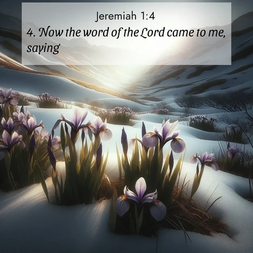 BasicEnglish Jeremiah  ; image nature: image with the bible verse :Now the word of the Lord came to me, saying, ; Explore a winter collection of Bible verse images adorned with photos of icy landscapes, frozen waterfalls, and snow-covered forests. These scenes capture divine tranquility and purity. Download inspiring verses like KJV Jeremiah 1:4. Current verse is overlayed with the thematic nature scene : Wild irises pierce winter&#039;s last snow. Alpine light sets their petals ablaze. ; 1:4