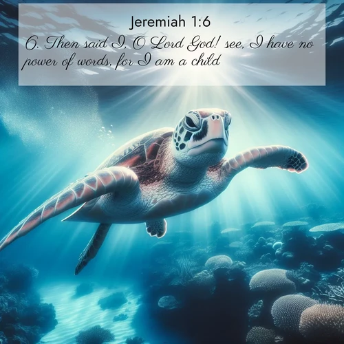 BasicEnglish Jeremiah  ; image nature: image with the bible verse :Then said I, O Lord God! see, I have no power of words, for I am a child. ; Discover a rich selection of Bible verse images illustrated by natural landscapes like tranquil beaches, golden fields, and majestic trees. These images aim to capture the peace and beauty of God&#039;s creation, with vibrant colors and varied typography. Download and share inspiring verses like KJV Jeremiah 1:6. Current verse is overlayed with the thematic nature scene : A sea turtle glides through underwater sunbeams. Coral gardens glow in the depths below. ; 1:6