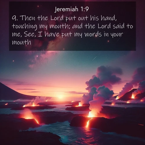 BasicEnglish Jeremiah  ; image nature: image with the bible verse :Then the Lord put out his hand, touching my mouth; and the Lord said to me, See, I have put my words in your mouth: ; Browse a large collection of Bible verse images with photos showcasing the splendor of nature. Scenes of peaceful rivers, verdant valleys, and radiant skies enhance the inspiring verses. Each image reflects the serenity and joy of God&#039;s creation, with elegant text fonts. Download and share verses such as KJV Jeremiah 1:9. Current verse is overlayed with the thematic nature scene : Lava flows meet the ocean at twilight, sending plumes of steam skyward. Stars emerge one by one above the cosmic display. ; 1:9