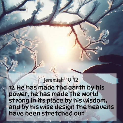 BBE Jeremiah 10:12 overlaying nature image scene: Winter sunrise glows through ice-coated branches.;12. He has made the earth by his power, he has made the world strong in its place by his wisdom, and by his wise design the heavens have been stretched out.
