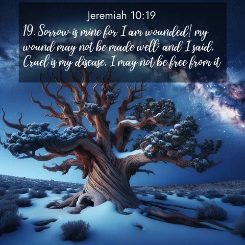 BBE Jeremiah 10:19 overlaying nature image scene: Ancient bristlecone pine twists against a navy twilight sky, its gnarled branches laden with fresh snow. The Milky Way arcs overhead in crystalline clarity.;19. Sorrow is mine for I am wounded! my wound may not be made well; and I said, Cruel is my disease, I may not be free from it.