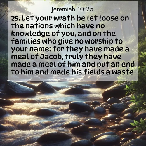 BBE Jeremiah 10:25 overlaying nature image scene: A mountain stream tumbles over smooth rocks between banks of mountain laurel.;25. Let your wrath be let loose on the nations which have no knowledge of you, and on the families who give no worship to your name: for they have made a meal of Jacob, truly they have made a meal of him and put an end to him and made his fields a waste.
