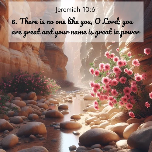 BasicEnglish Jeremiah  ; image nature: image with the bible verse :There is no one like you, O Lord; you are great and your name is great in power. ; Explore a collection of inspiring Bible verse images accompanied by winter photos, such as snowy landscapes, frosted trees, and frozen lakes. These images reflect the peace and purity of God&#039;s creation, with elegant fonts and luminous colors. Download and share verses like KJV Jeremiah 10:6. Current verse is overlayed with the thematic nature scene : Desert roses bloom in a hidden canyon after rare rainfall. Their pink petals contrast against weathered sandstone walls. ; 10:6