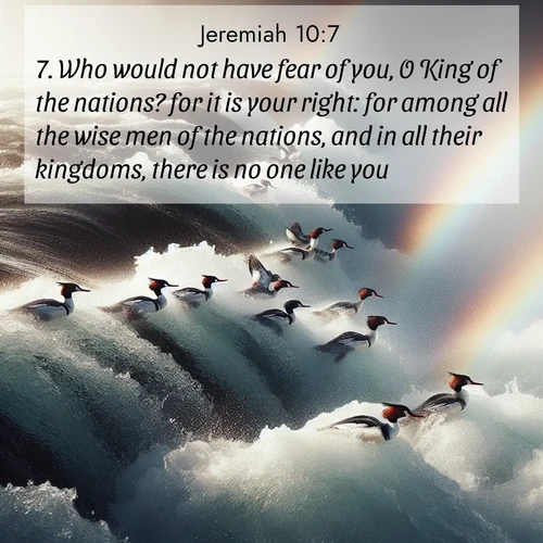BBE Jeremiah 10:7 overlaying nature image scene: Wild mergansers ride white water rapids. Spray creates endless rainbows.;7. Who would not have fear of you, O King of the nations? for it is your right: for among all the wise men of the nations, and in all their kingdoms, there is no one like you.