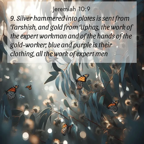 BBE Jeremiah 10:9 overlaying nature image scene: Monarch butterflies cluster on eucalyptus branches in winter sun.;9. Silver hammered into plates is sent from Tarshish, and gold from Uphaz, the work of the expert workman and of the hands of the gold-worker; blue and purple is their clothing, all the work of expert men.