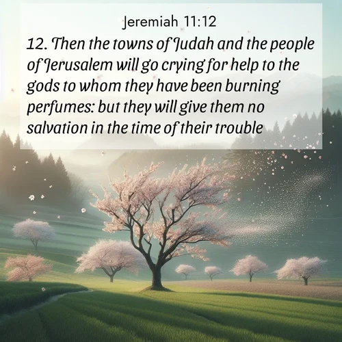 BBE Jeremiah 11:12 overlaying nature image scene: Spring winds scatter cherry blossoms like snow.;12. Then the towns of Judah and the people of Jerusalem will go crying for help to the gods to whom they have been burning perfumes: but they will give them no salvation in the time of their trouble.
